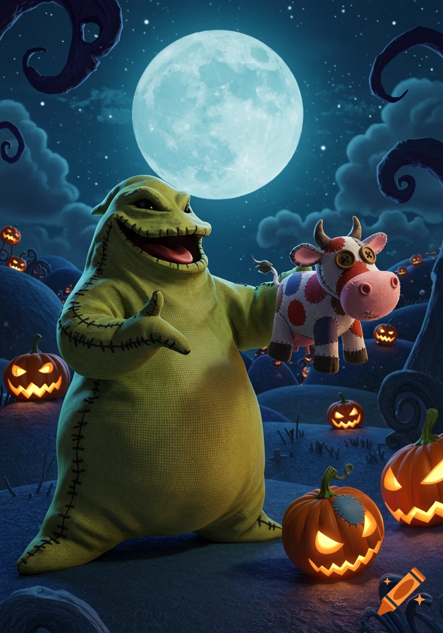 Oogie Boogie holding a colorful patched stuffed cow on a spooky Halloween night under a full moon, surrounded by glowing jack-o'-lanterns.