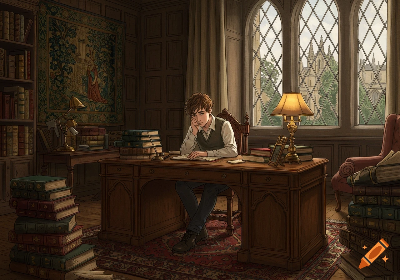 A brown-haired male student with a thoughtful expression sits at a large wooden desk, surrounded by stacks of books in a grand library with arched windows, in an anime style.