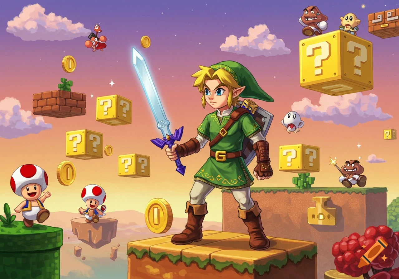 Link holds a glowing sword in a vibrant Super Mario Bros. 3 themed world with floating blocks, coins, Toads, and Goombas.