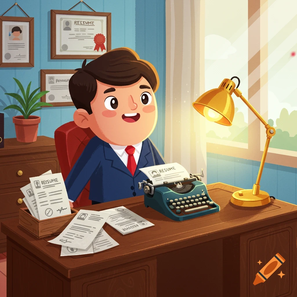 A smiling cartoon character in a suit sits at a desk with a typewriter and several resume papers, a desk lamp brightly illuminates the scene. Certificates hang on the wall.