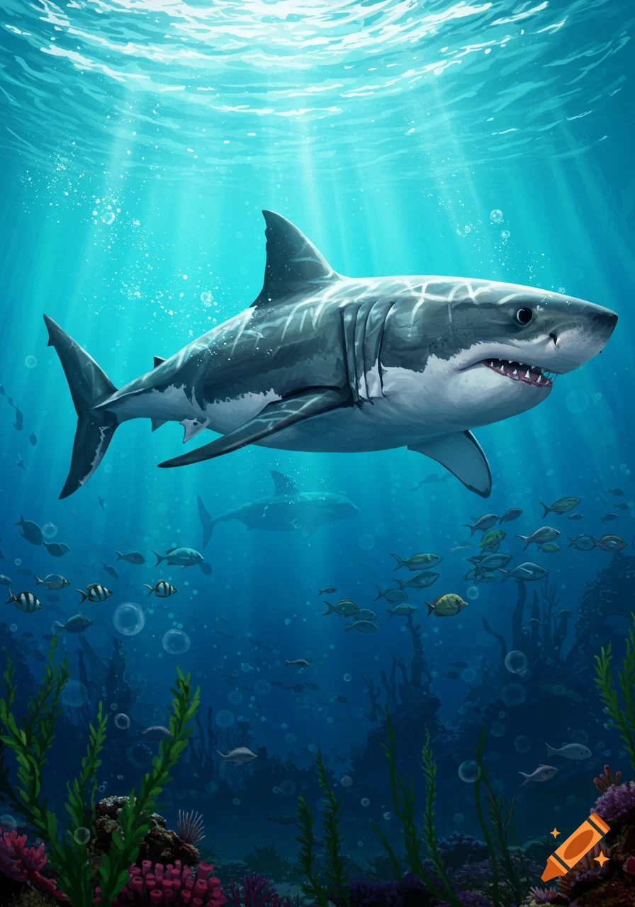 An illustrated great white shark swims in vibrant blue ocean waters with schools of fish and coral below, light rays shining from above.
