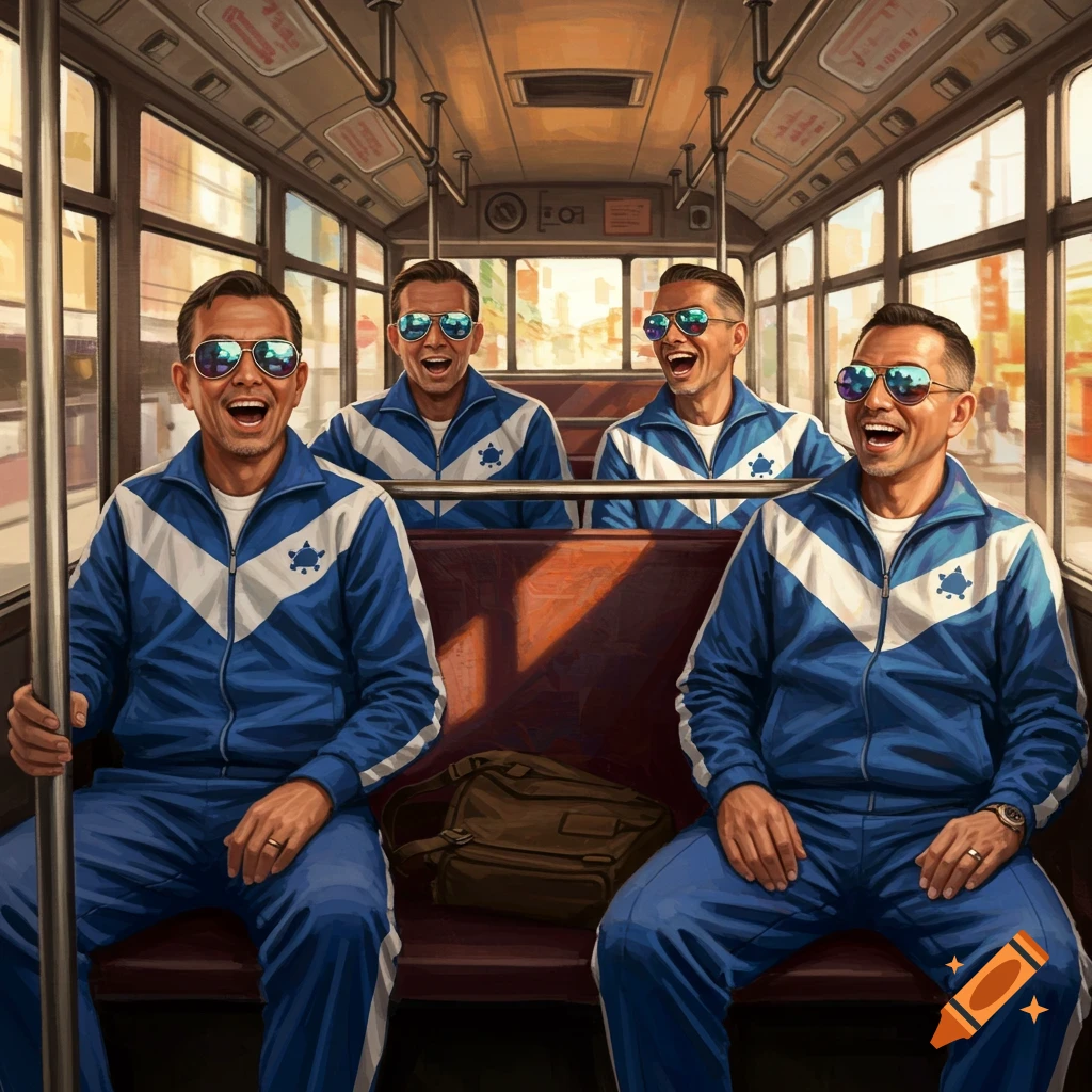 Four identical middle-aged men in blue tracksuits and sunglasses laugh on a bus, in a painterly style.