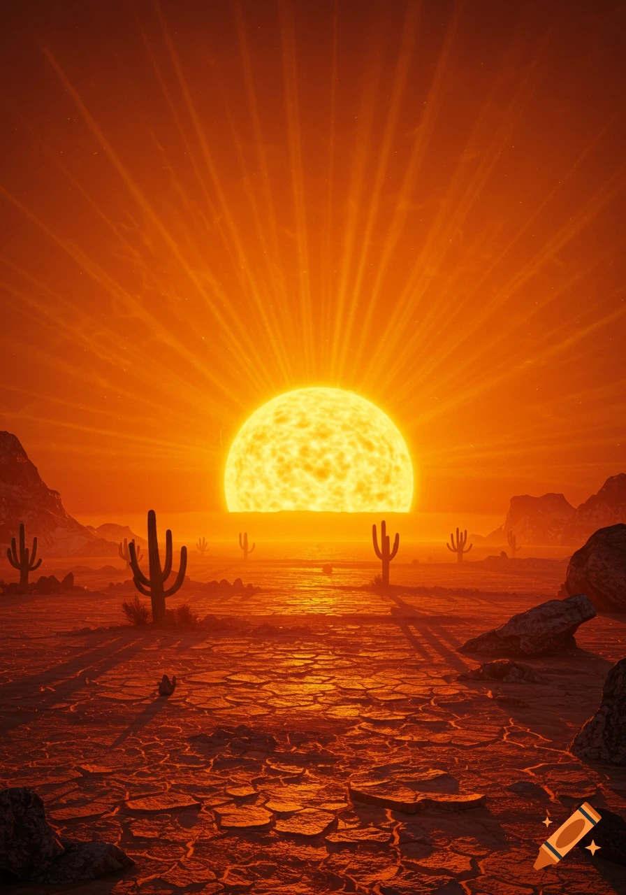 A vibrant, fiery orange desert landscape under a massive, radiating yellow sun with cracked earth and silhouetted cacti.