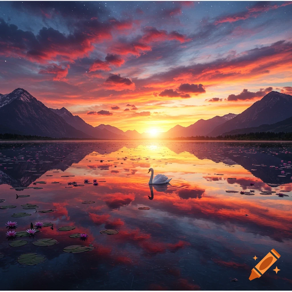 Photorealistic image of a white swan on a calm lake reflecting a vibrant orange and pink sunset over mountains.
