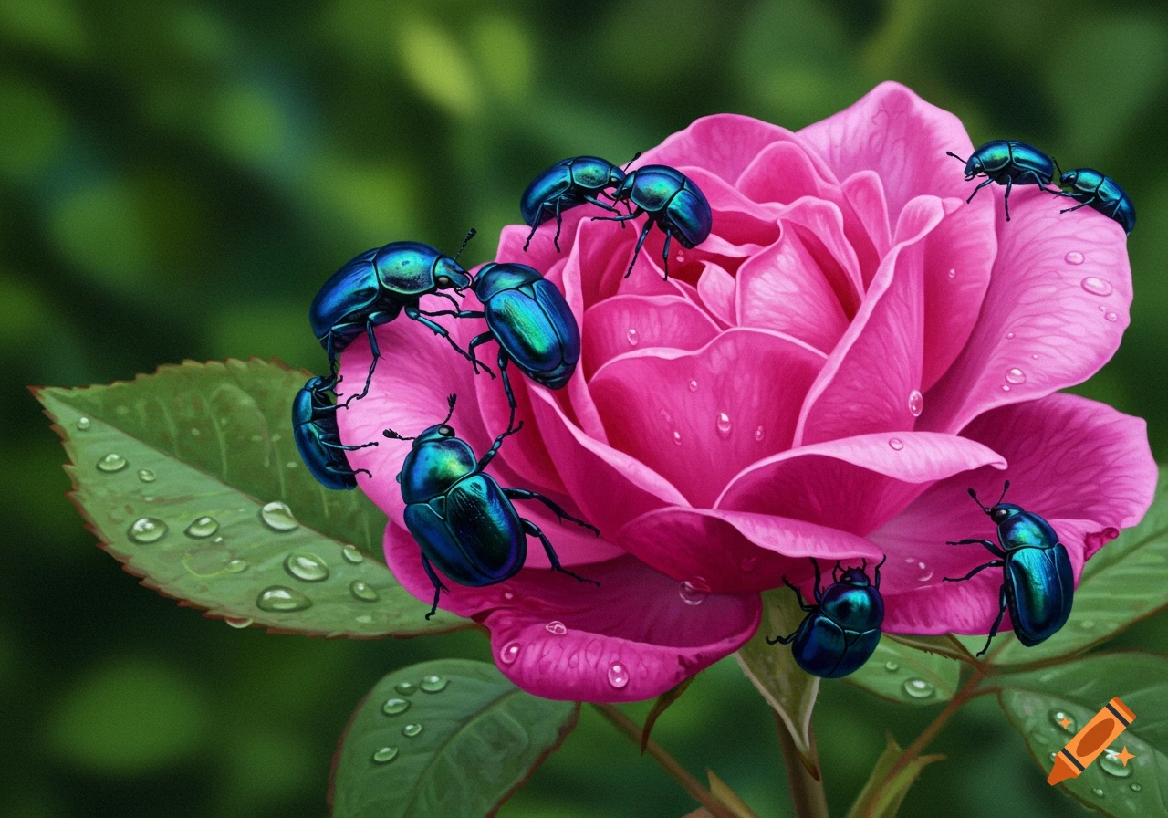 Metallic blue-green beetles crawl on a vibrant pink rose covered in water droplets.