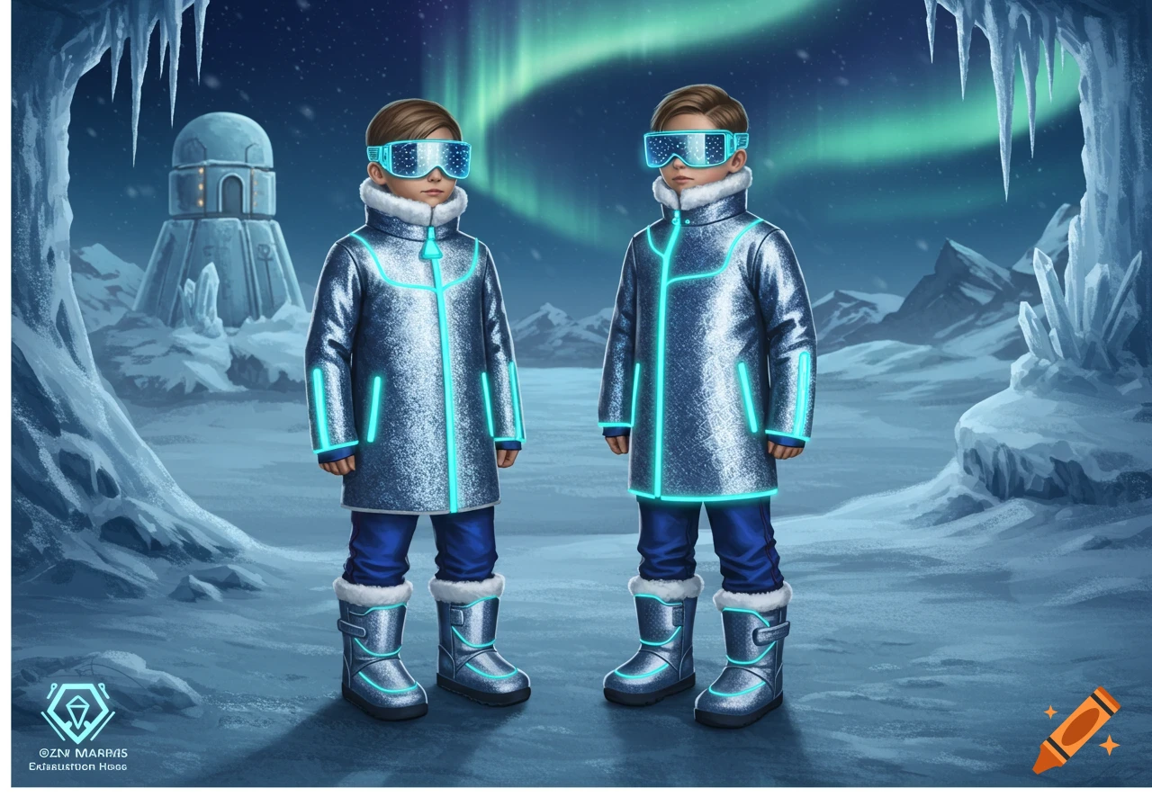 Two boys in glowing silver futuristic winter gear and VR goggles stand in an icy landscape under the aurora borealis.