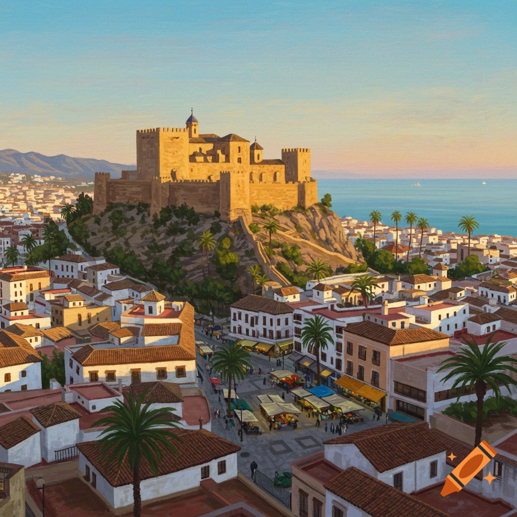 Vibrant painting of a Spanish coastal town with a large castle on a hill, white buildings, a market square, and the sea.