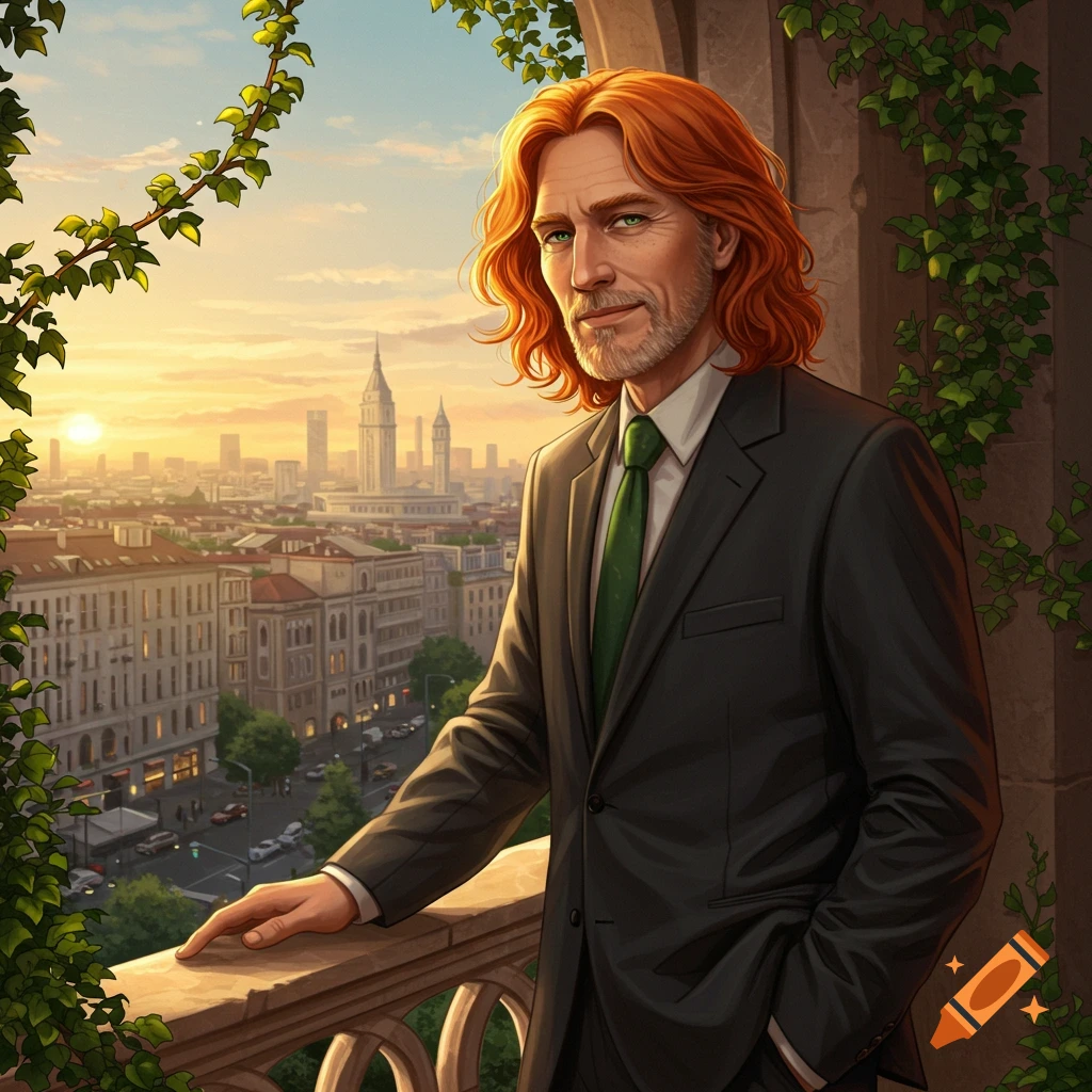 Realistic illustration of a red-haired man in a suit on a balcony overlooking a city at sunset.