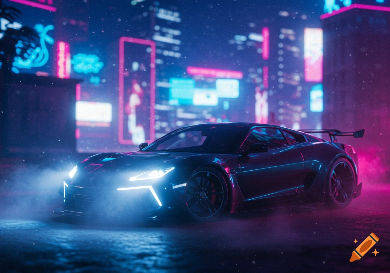 A sleek sports car with bright headlights glowing in a neon-lit, misty cyberpunk city street.