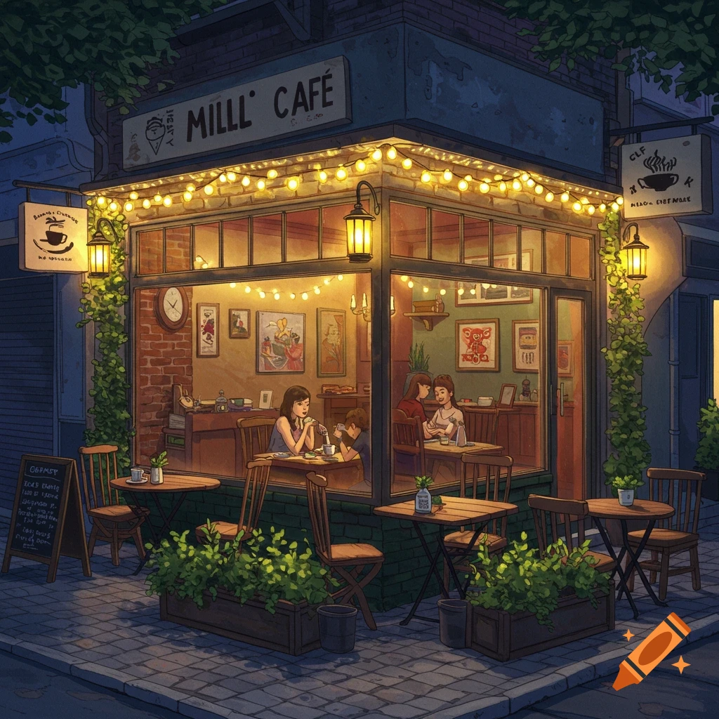 Cozy anime-style illustration of a bustling cafe at night with warm string lights, people dining inside, and outdoor seating.