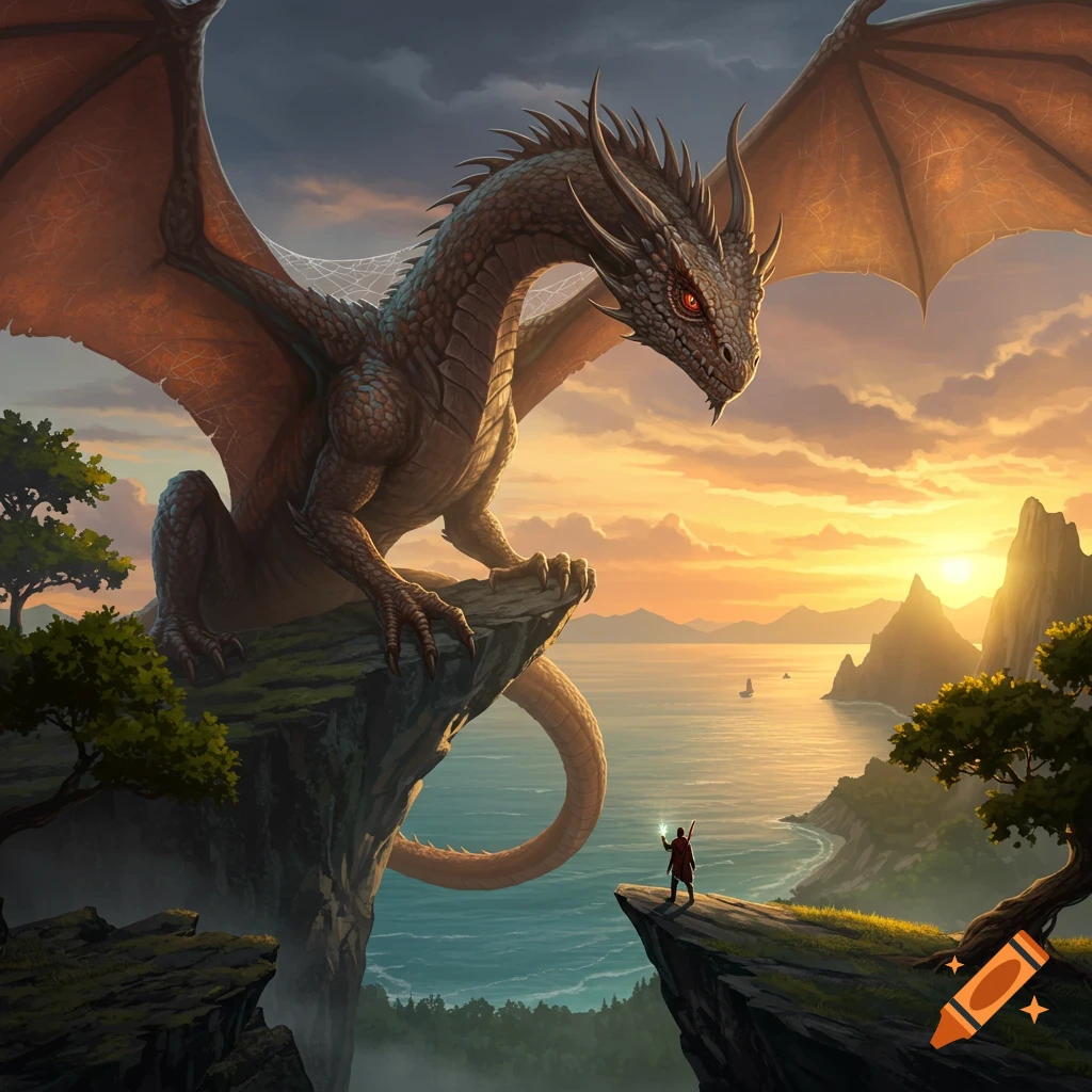 A giant dragon perched on a cliff looks down at a small human figure, with an epic sunset over the ocean and mountains in the background.