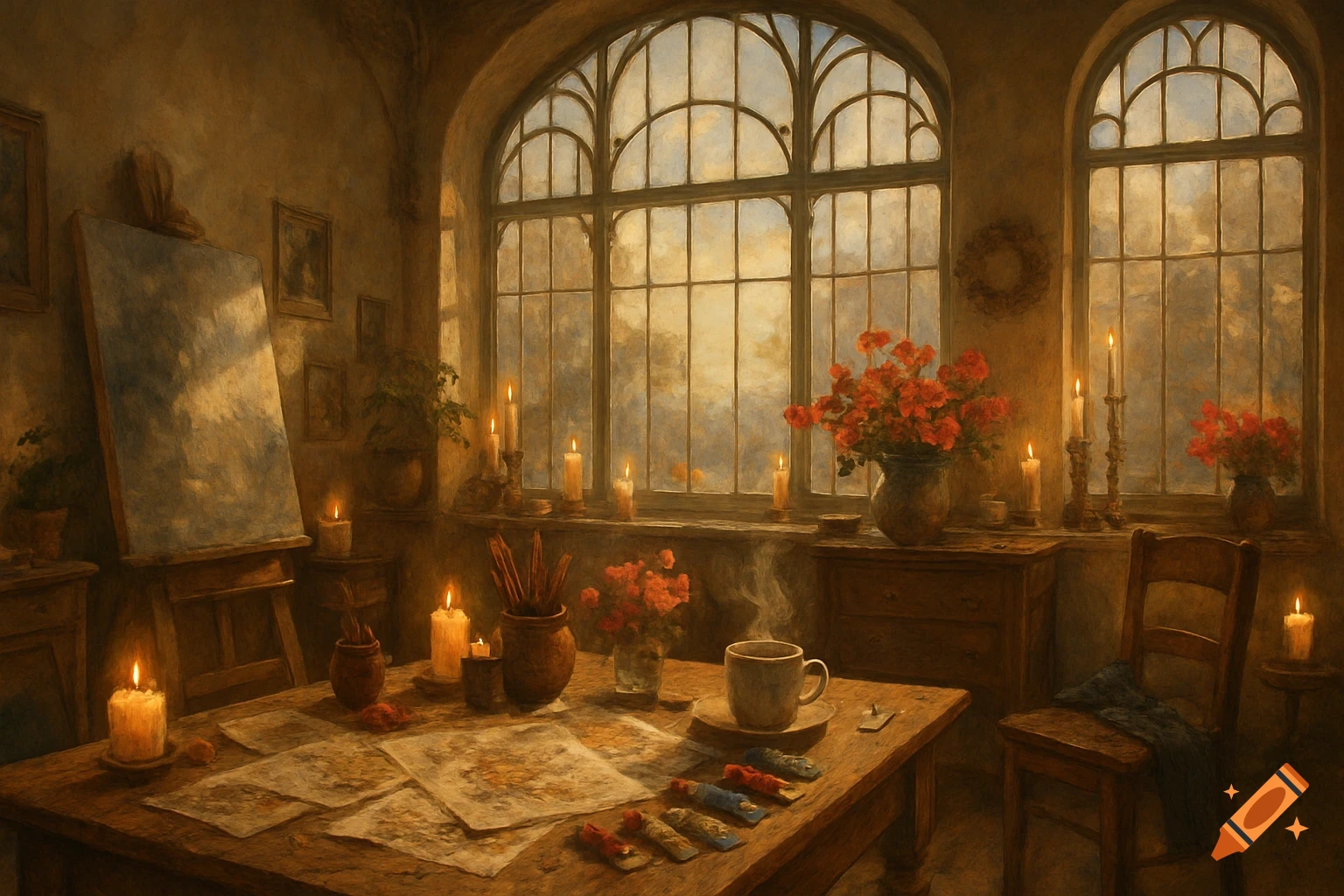 A warm, painterly image of a cozy artist's studio. An easel, drawings, paint, candles, and a steaming coffee cup sit by arched windows.