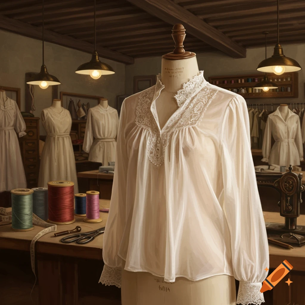 A detailed painting of a sewing workshop with a white lace blouse on a mannequin, surrounded by thread spools and scissors.