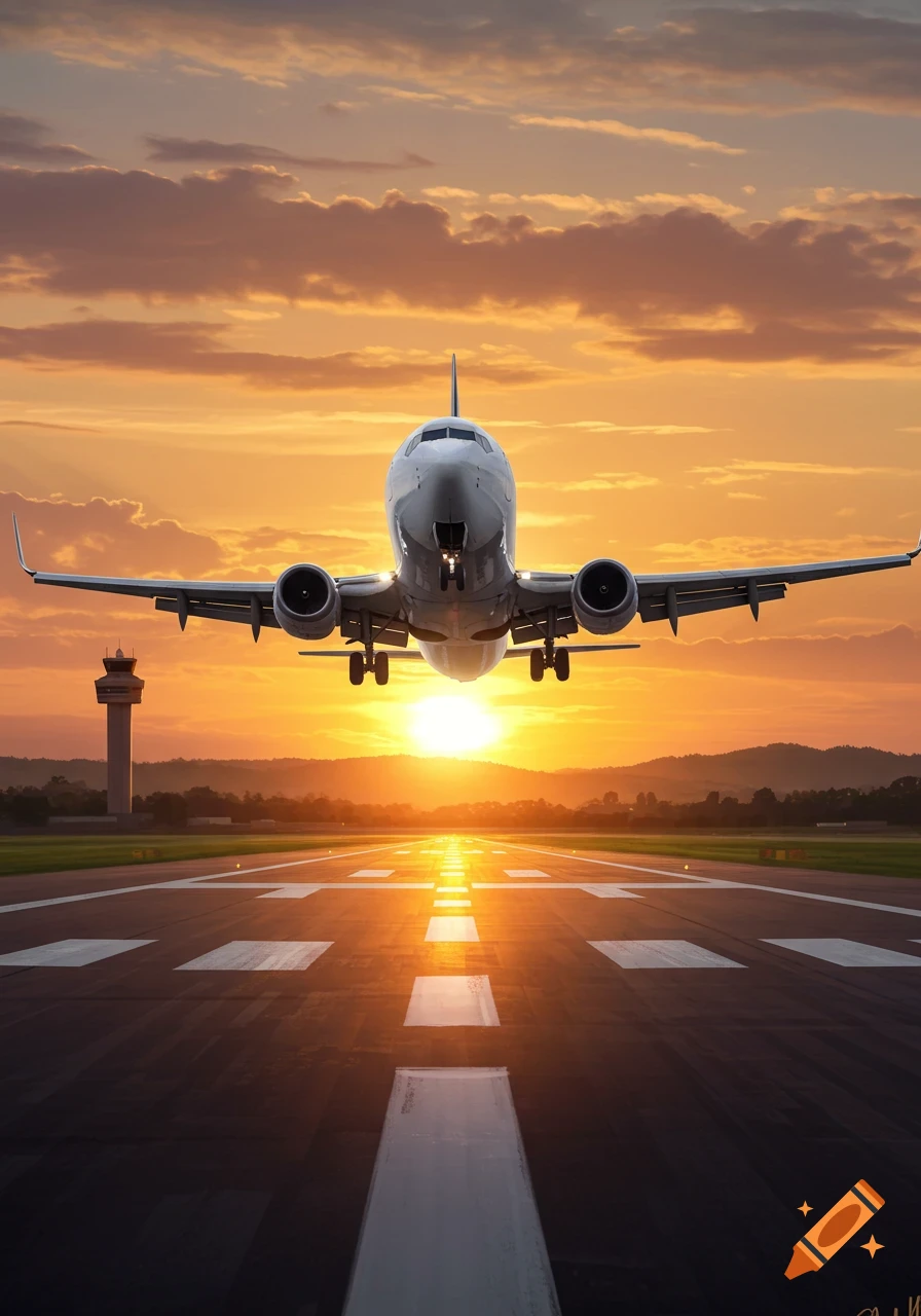 A large passenger airplane, possibly a Boeing 737, with its landing gear down, is silhouetted against a vibrant orange and yellow sunset as it approaches a runway.