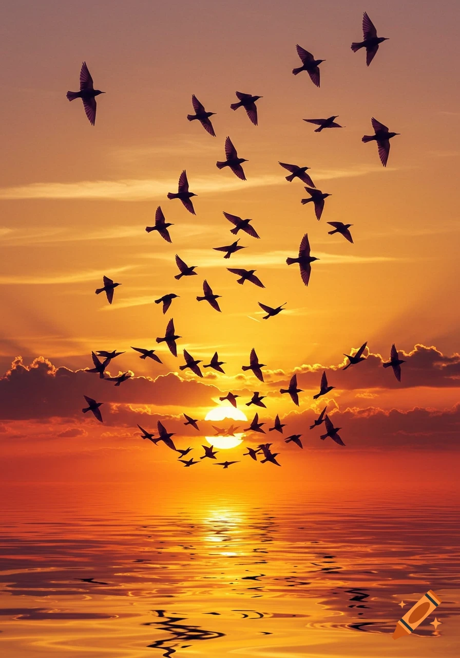 A large flock of birds flies in silhouette against a vibrant orange and yellow sunset over calm water, reflecting the sky.