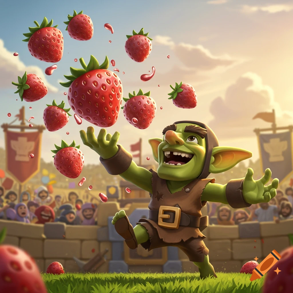 A cheerful cartoon goblin in an arena throws ripe strawberries into the air, with a cheering crowd in the background.