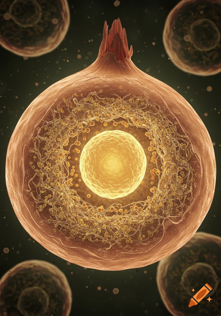 A highly detailed, brightly lit cross-section of an onion cell showing a large nucleus and surrounding cellular structures.