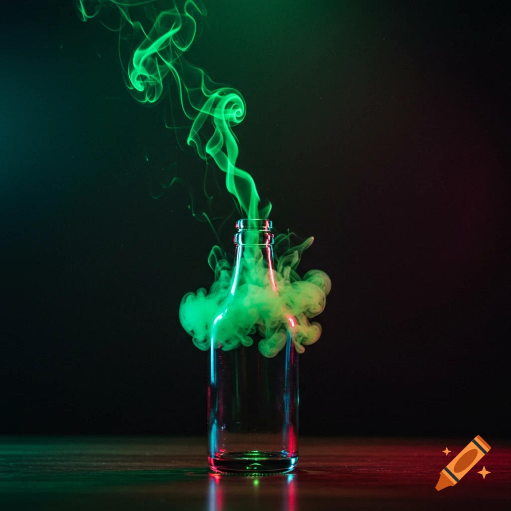 A clear glass bottle on a dark surface emits vibrant green smoke that rises and swirls around it, with red and green lighting.