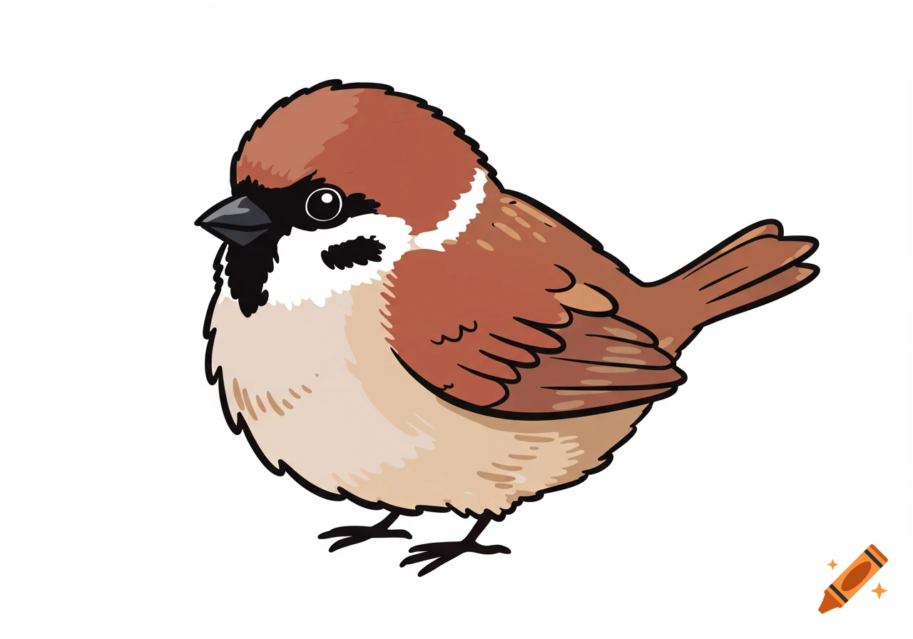 Cartoon illustration of a plump brown and beige sparrow with a black beak, puffed feathers, on a white background.