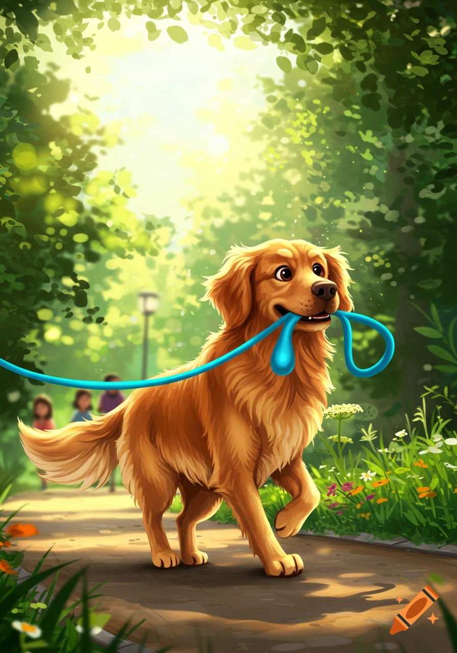 A happy cartoon golden retriever dog walks in a sunny park, holding a blue leash in its mouth, with blurred people in the background.