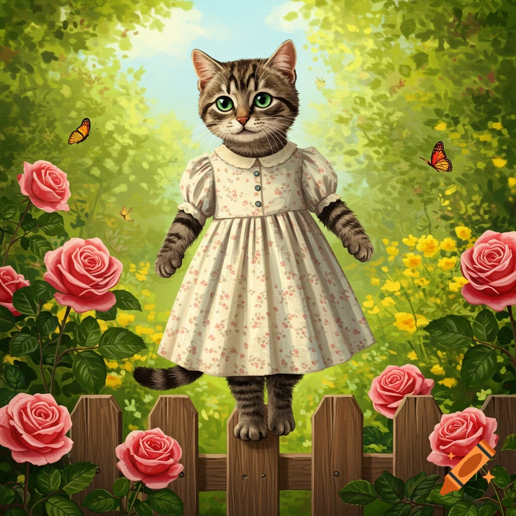 A whimsical illustration of a tabby cat in a floral dress standing on a wooden fence in a lush garden with pink roses and butterflies.
