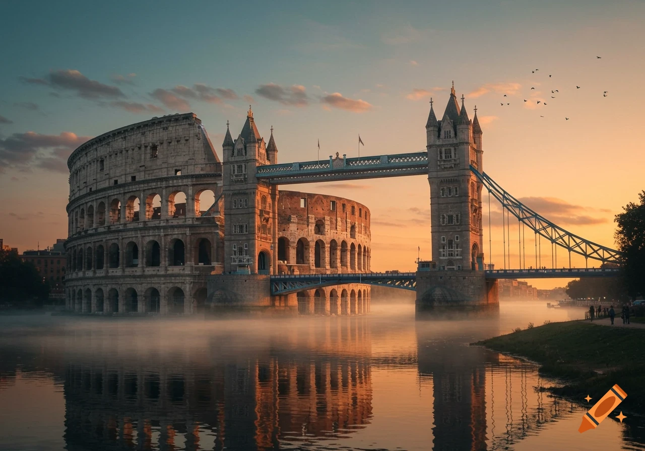 The Colosseum merged with Tower Bridge over a misty river at sunrise, birds flying in the orange sky.