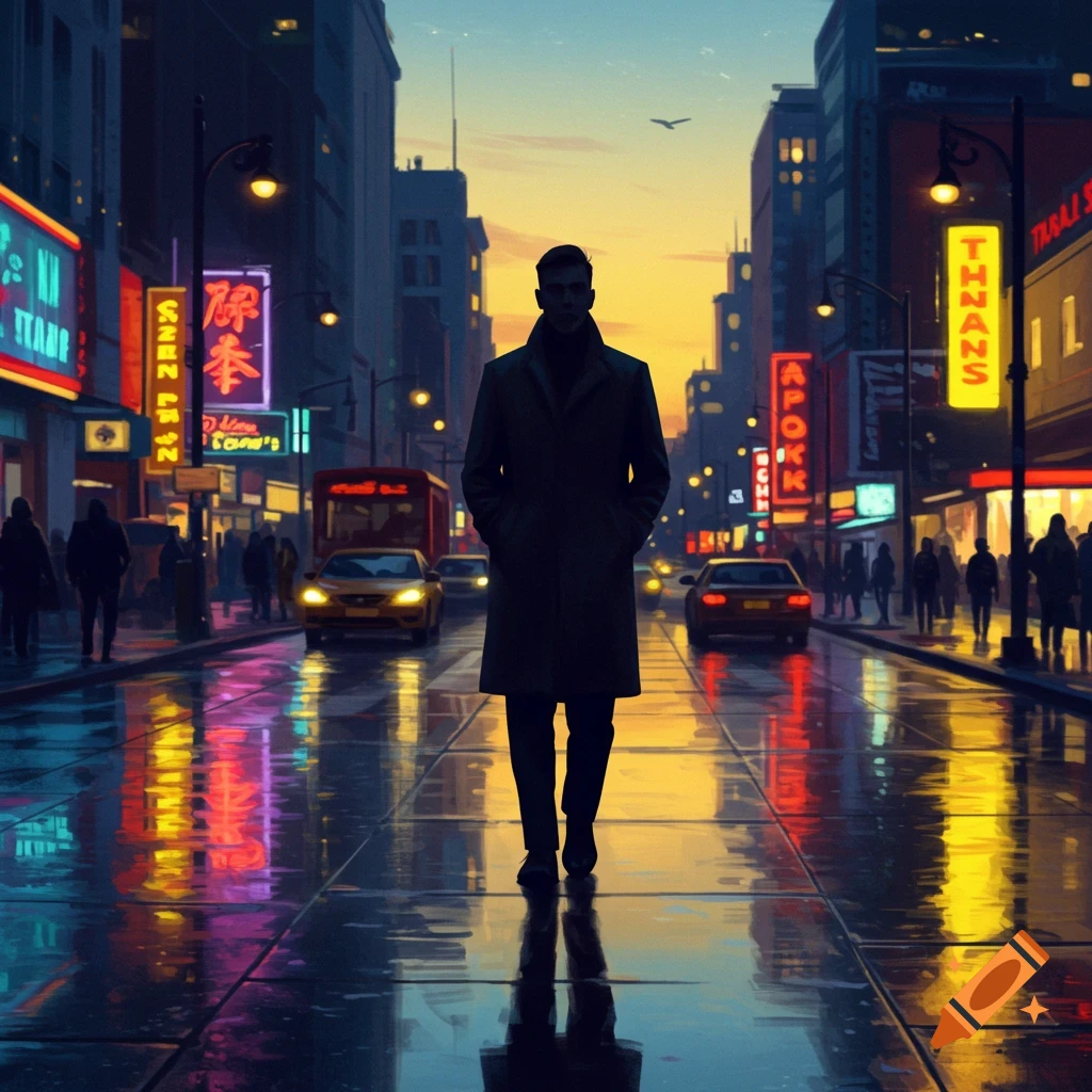 A man in a trench coat walks down a wet city street at dusk, illuminated by colorful neon signs reflecting on the pavement.