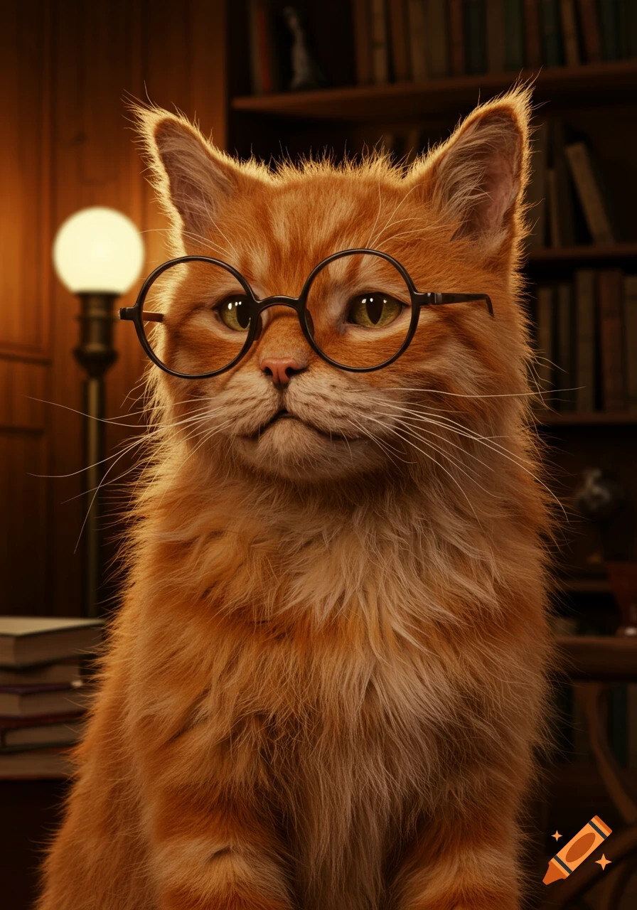 A fluffy ginger cat wearing round black glasses sits in a dimly lit room with bookshelves in the background.