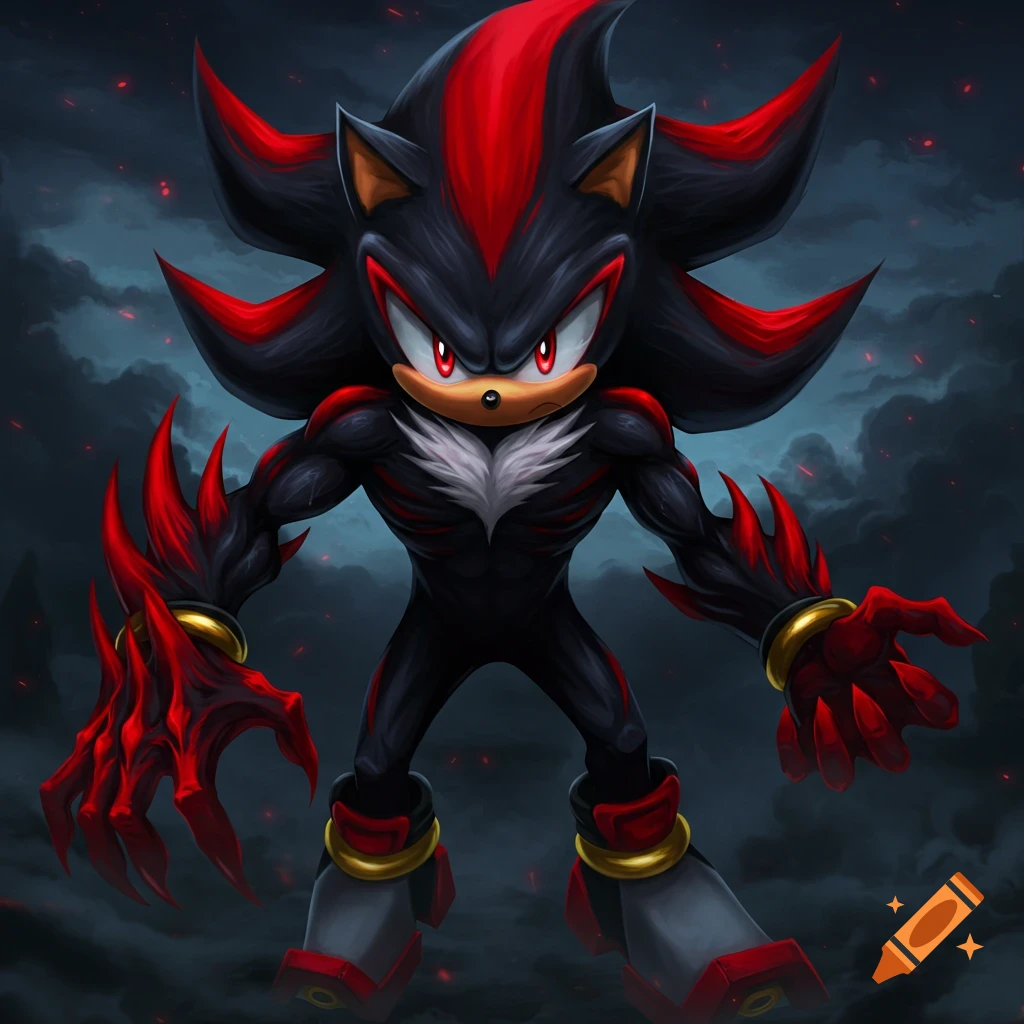 A monstrous, muscular Shadow the Hedgehog with red and black fur, sharp claws, and glowing red eyes stands against a dark, cloudy background.
