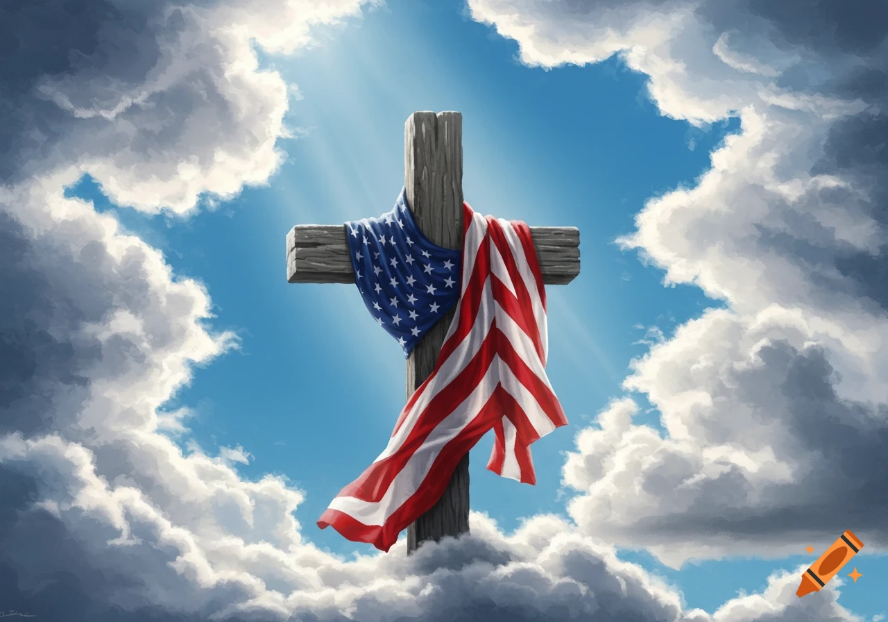 A wooden cross draped with an American flag, set against a bright blue sky with white clouds and sun rays.