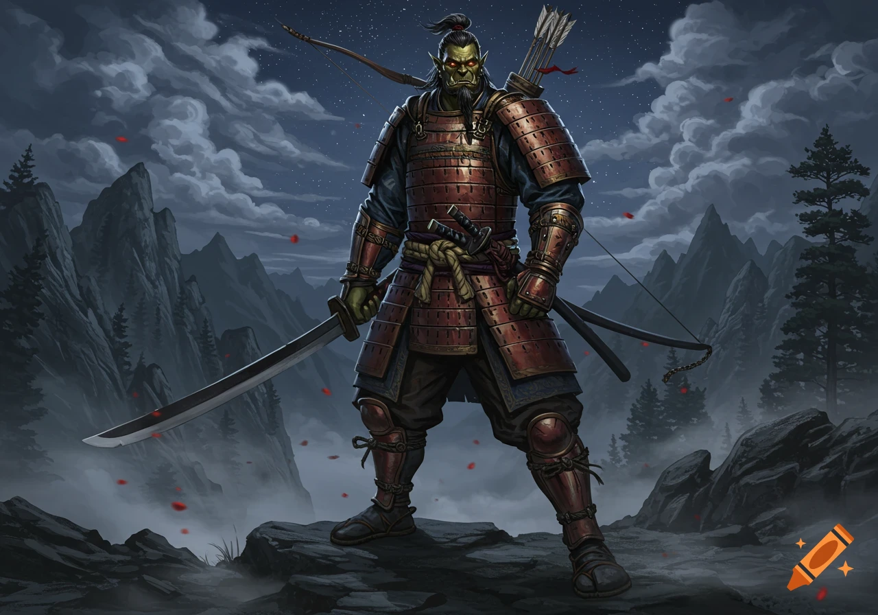 A male orc samurai in full red armor stands on a rocky outcrop, holding an odachi, with a longbow and quiver on his back.