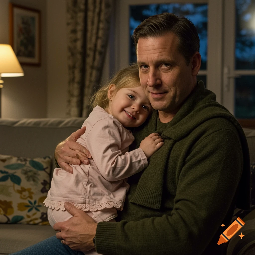 Smiling man holding a young girl in a cozy indoor setting, photorealistic style.