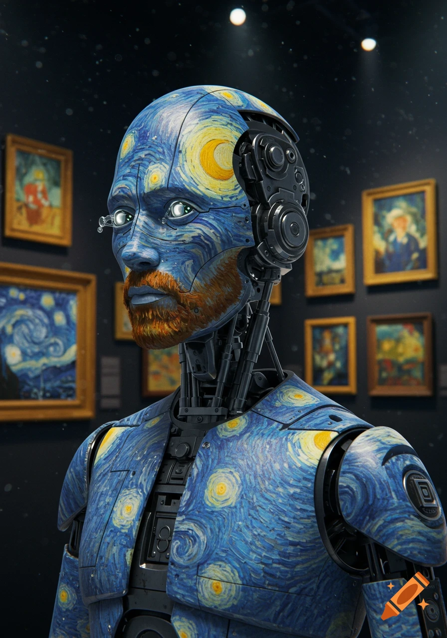 A robot with its face and body painted in Van Gogh's Starry Night style, featuring a beard and glowing eyes, stands in an art gallery.