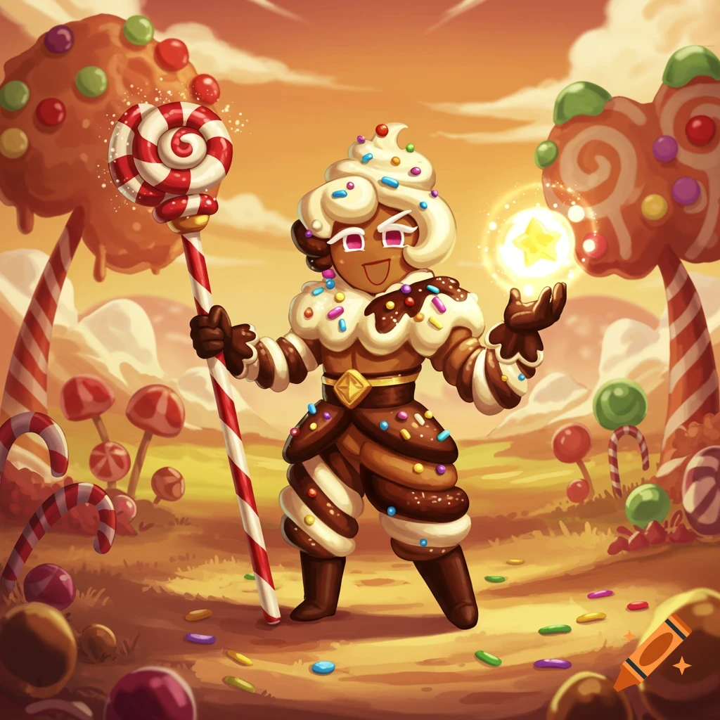 A dessert-themed character made of chocolate and cream with sprinkles holds a large lollipop in a vibrant candy land.