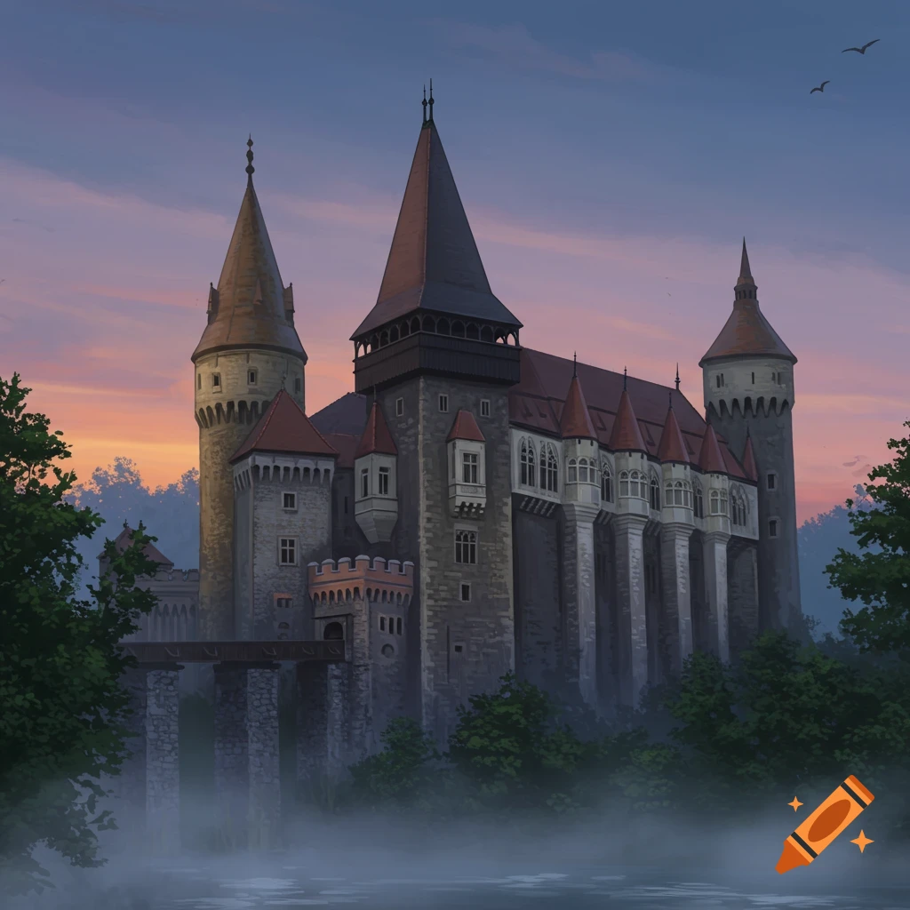 An epic, old castle with numerous towers and spires, shrouded in mist at the base, under a twilight sky with a colorful sunset glow.