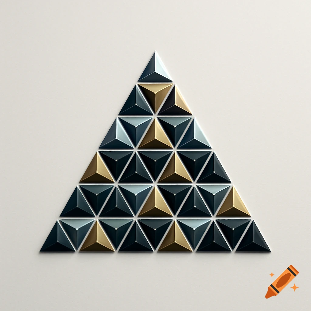 A large triangle composed of numerous smaller 3D geometric tiles in shades of blue, gold, and dark gray against a light background.