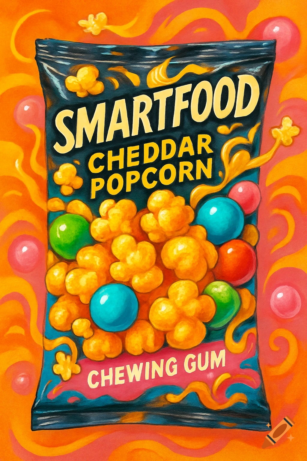 A stylized illustration of a 'Smartfood Cheddar Popcorn Chewing Gum' package filled with popcorn and colorful gumballs on an orange background.