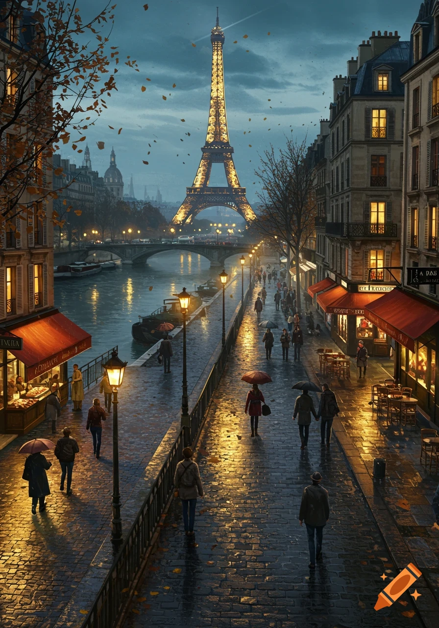A photorealistic depiction of a rainy evening in Paris, with the illuminated Eiffel Tower in the background, and people walking on a wet cobblestone street alongside the Seine river.
