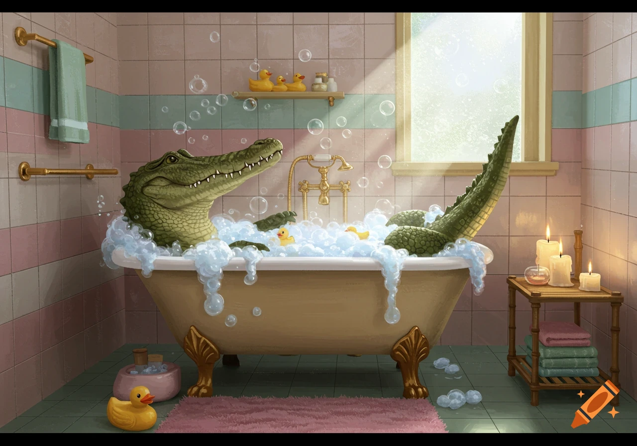 Cartoon illustration of a large green crocodile taking a bubble bath in a clawfoot tub with rubber ducks and candles in a pastel bathroom.