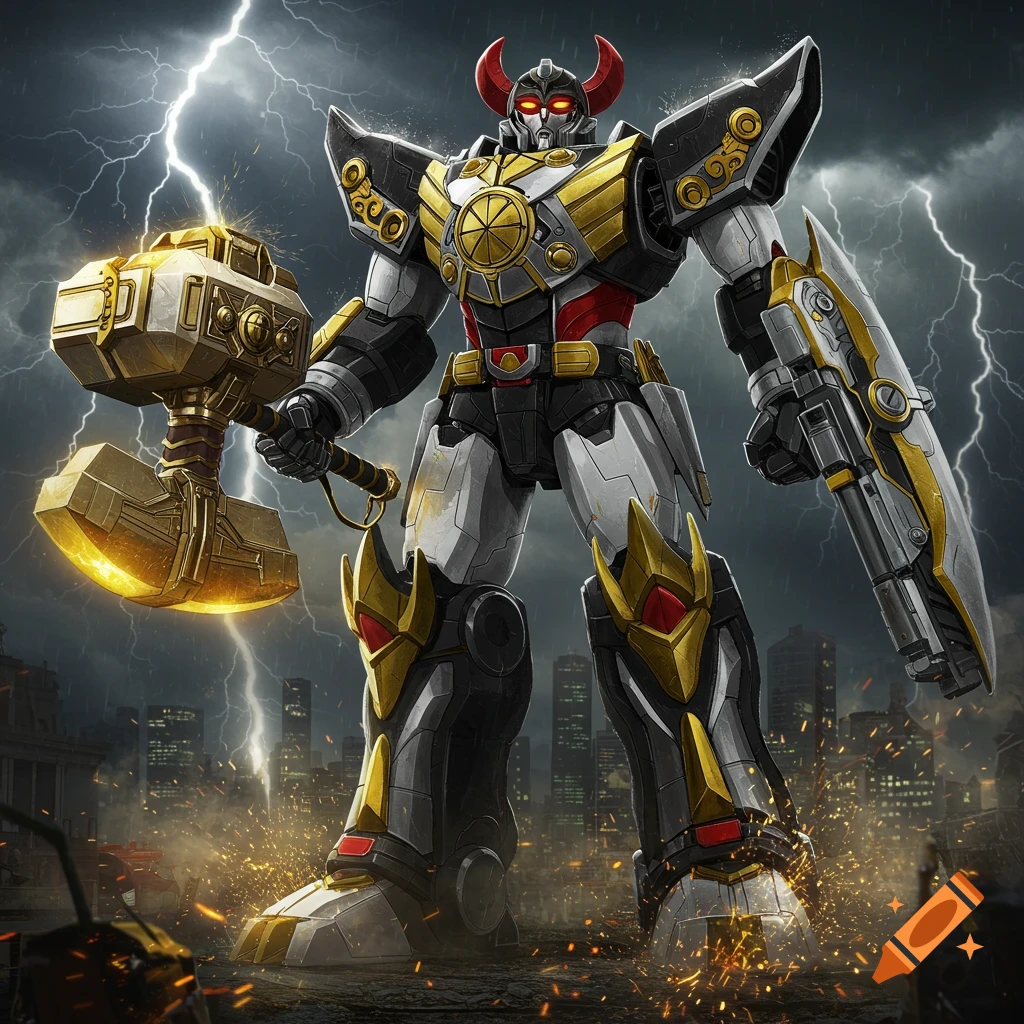 A massive black, white, and gold robot with red accents holds a glowing golden hammer and a shield-gun in a stormy, lightning-filled cityscape.