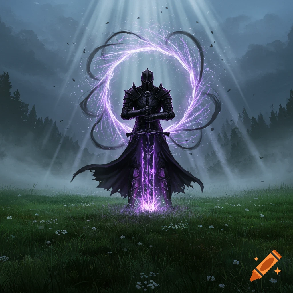 A black knight in dark armor stands in a misty grassy field, holding a glowing purple sword. A large, vibrant purple energy ring encircles the knight.
