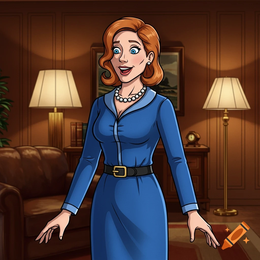 A cartoon woman with red hair and a blue dress stands in a wood-paneled room.