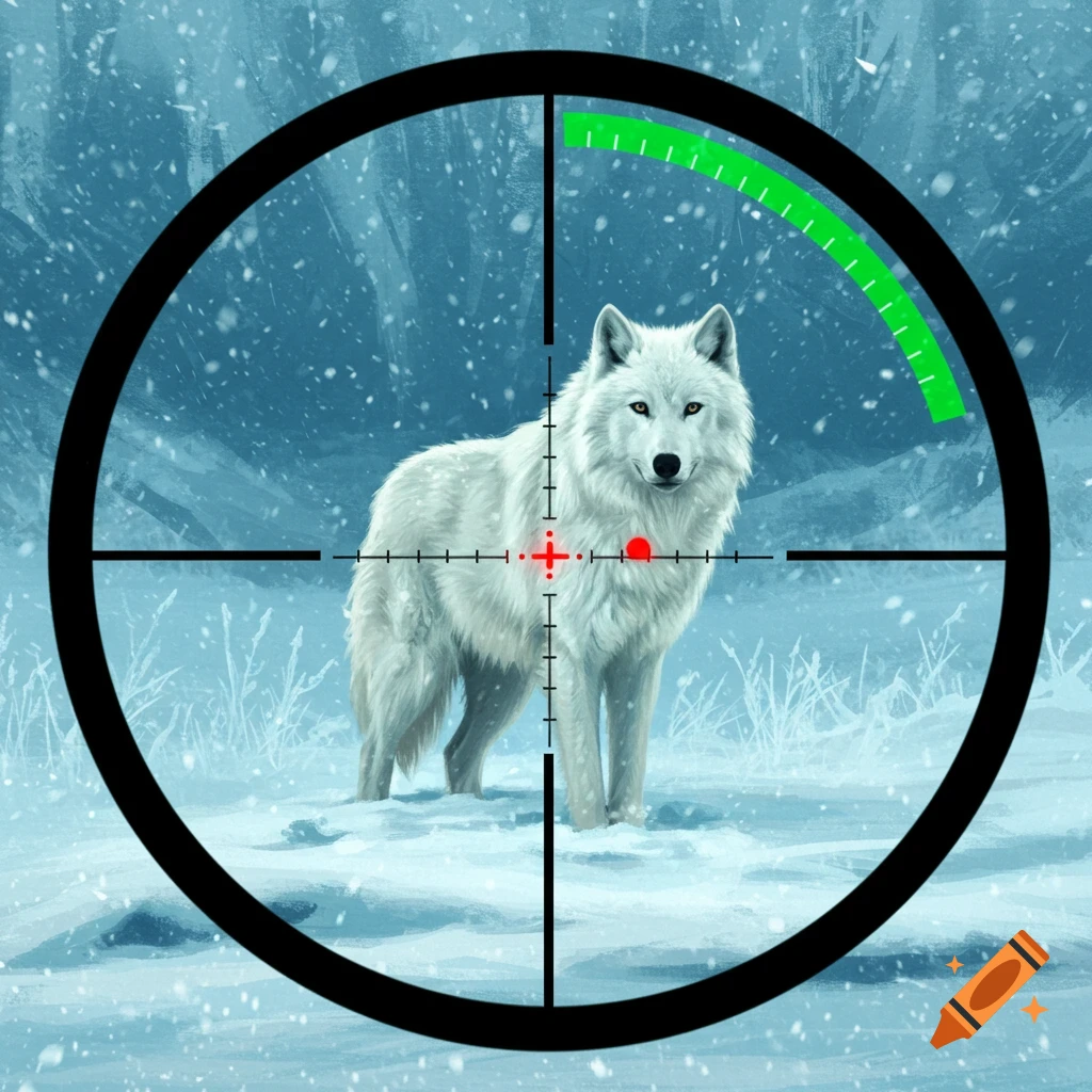 An illustrated white wolf stands in a snowy field, viewed through a sniper scope with a red dot on its chest.