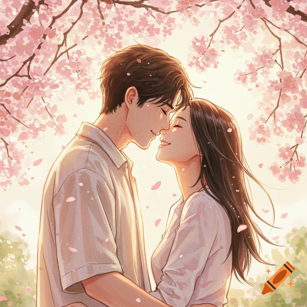 Digitally illustrated romantic scene of a couple about to kiss under falling pink cherry blossoms.