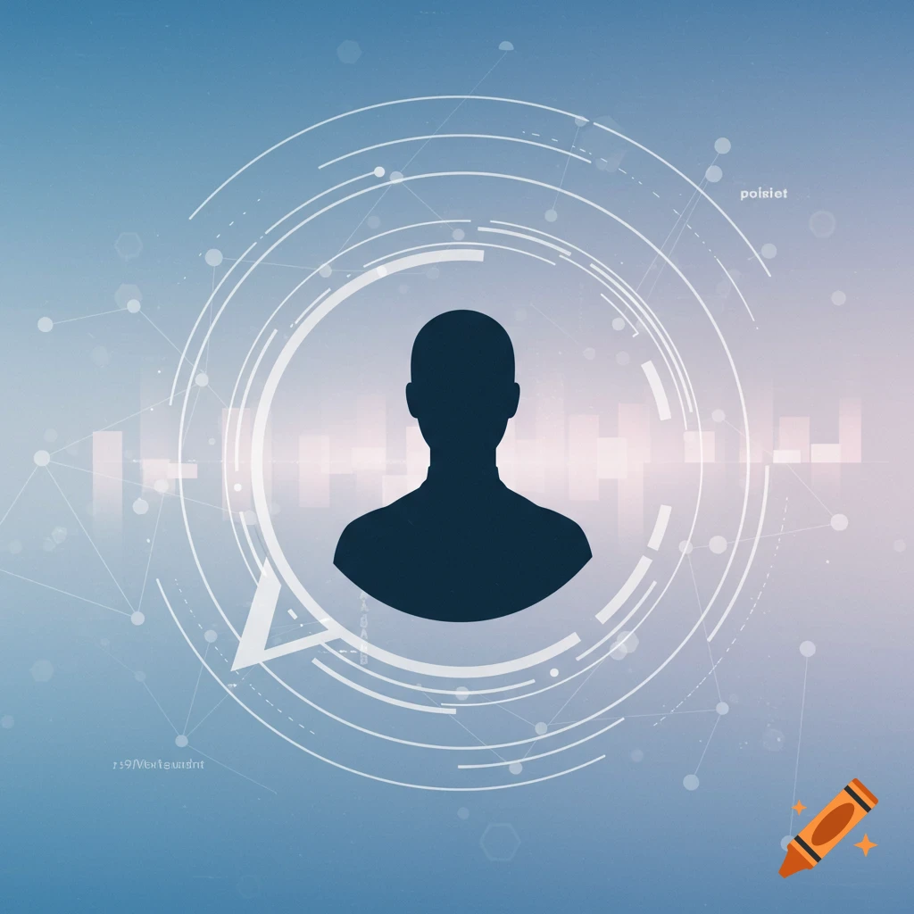 Abstract digital art showing a person's silhouette surrounded by concentric circles and network lines on a blue gradient background.