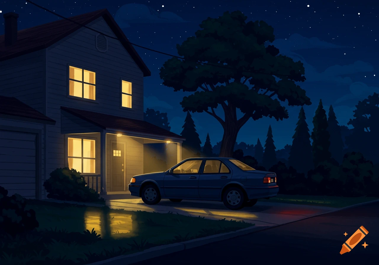An illustrated scene of a blue car parked in front of a glowing house at night under a starry sky.