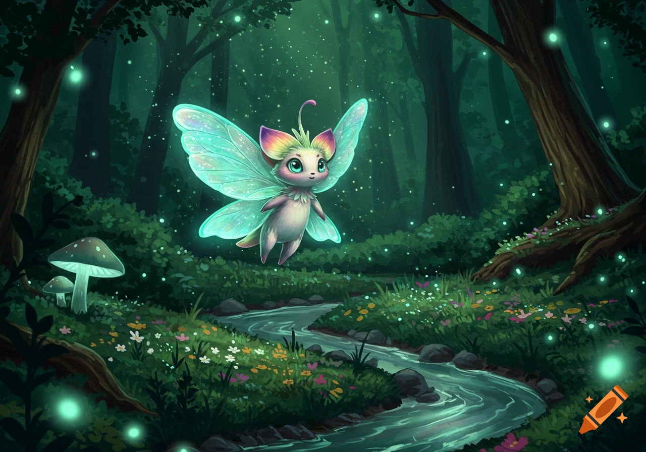 A cute, glowing, fairy-like creature with large wings floats above a winding stream in a magical forest with glowing fireflies and mushrooms, in an illustrated style.