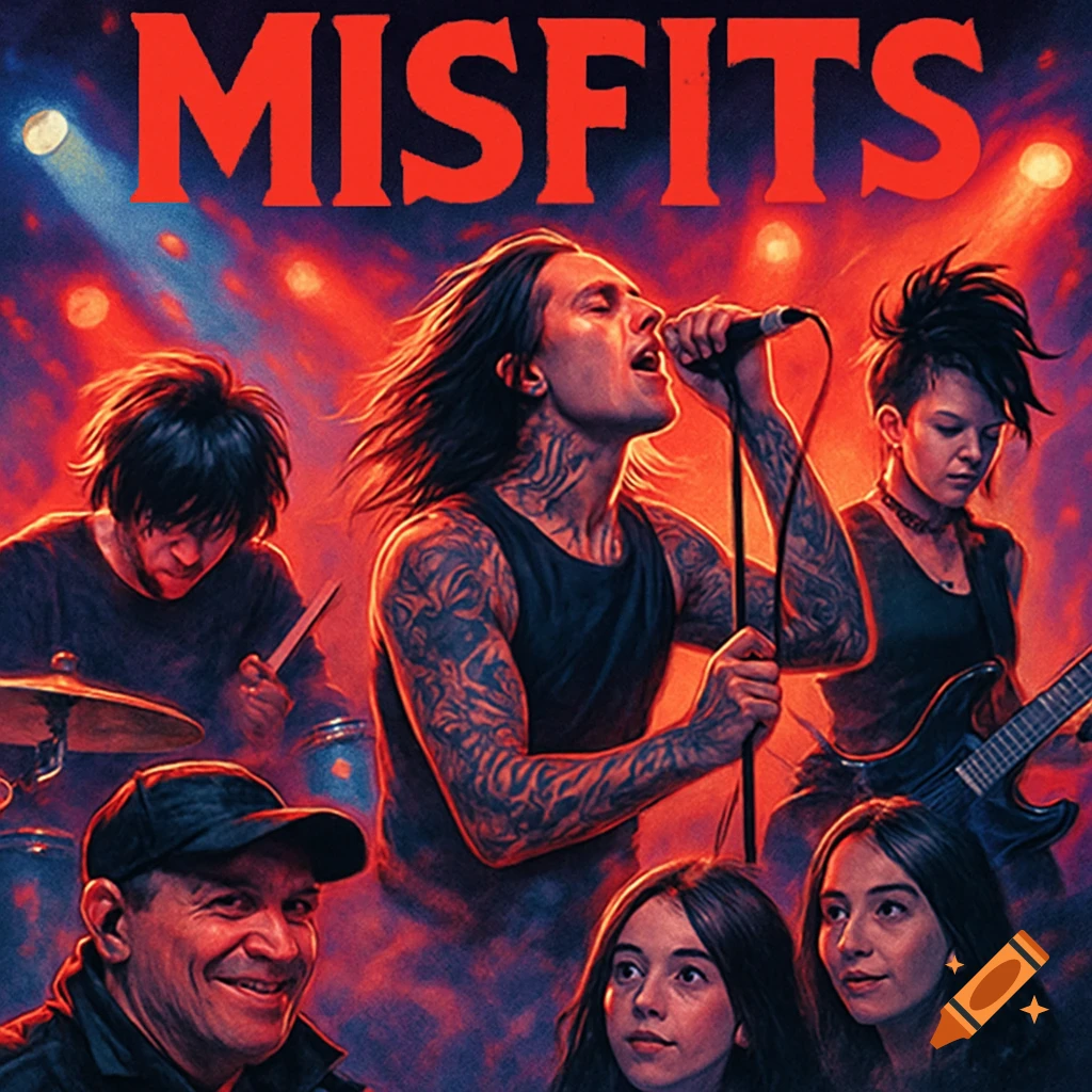 A stylized illustration of the rock band MISFITS performing live on stage under red and blue lights, with fans watching in the foreground.