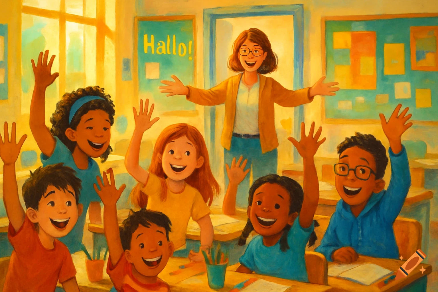 A happy teacher stands at the front of a sunny classroom with diverse children raising their hands, in a colorful illustration.