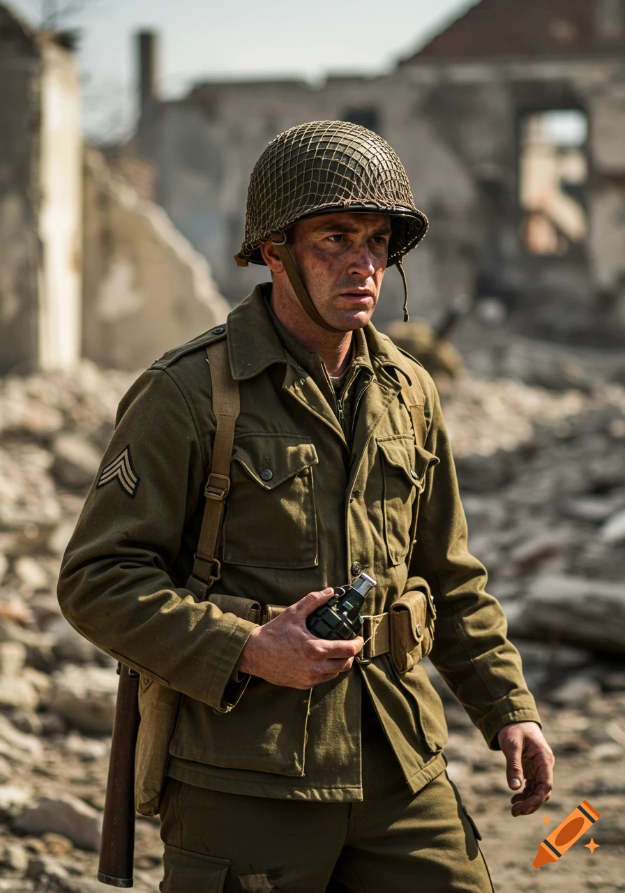 A photorealistic image of a World War 2 American soldier holding a grenade in a destroyed city.